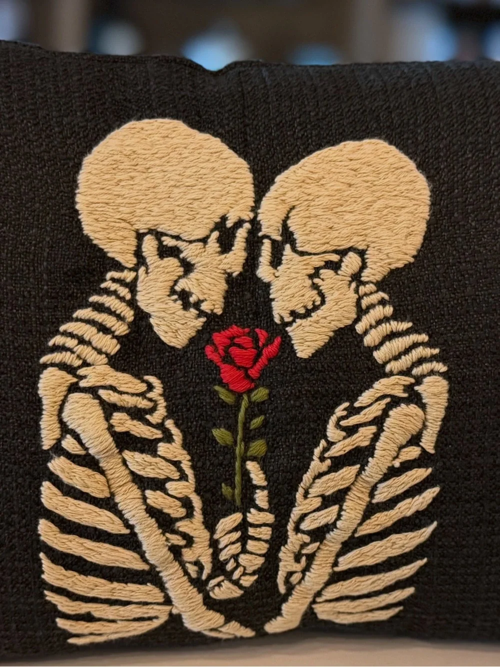 Hand Embroidered Skeletons with Red Rose Accent Pillow Halloween